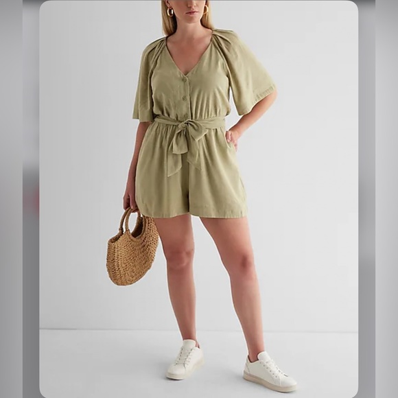 Express linen blend button up tie waist romper - Picture 9 of 16